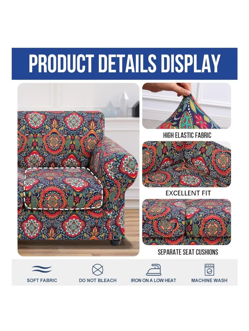 NWT Sofa & Love Seat Cover Sets With Stretch In Blue/Red/Multicolor